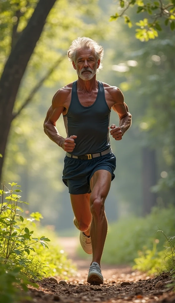 Handsome (beefy, aged man:1.2), Alone, slimly, jogging in a Tropical jungle adventure