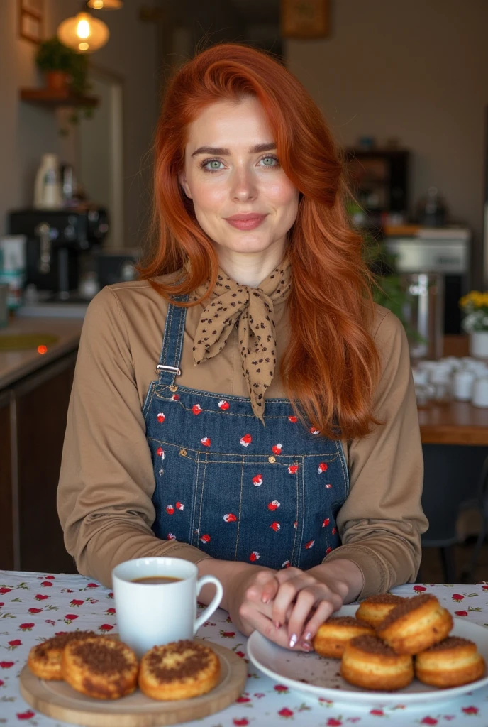 Irish woman, pretty wavy red hair, in a cafe sitting at a table