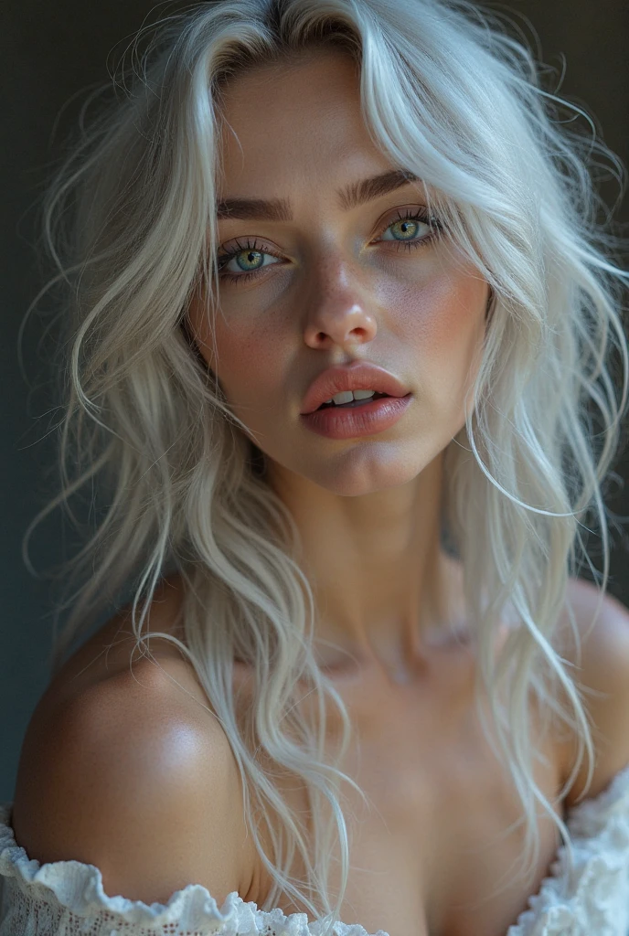A white-haired woman with her breasts exposed