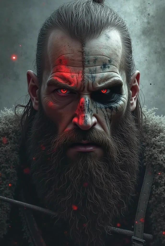 Warrior face with long black beard, close up face, high quality, red color eyes, scary warrior face and reddish skin, scar face, angry, ((Masterpiece,Best Quality)), ((Cinematic Light)), (Real:1.3) --auto