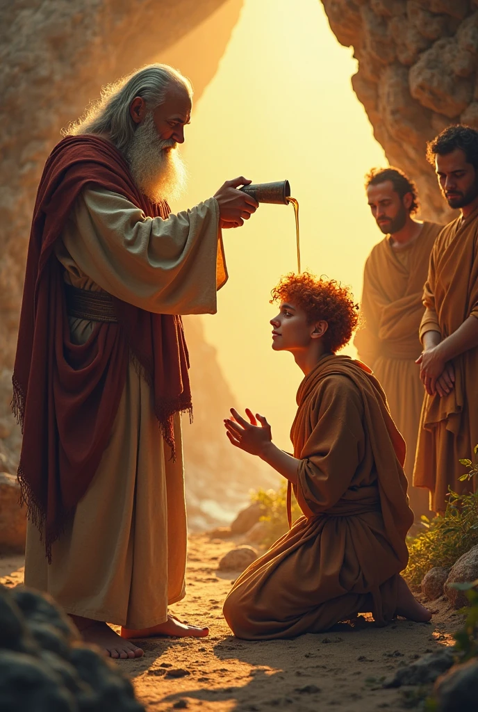 Young David, redhead and beautiful, being anointed king by the prophet Samuel, and crowned king.