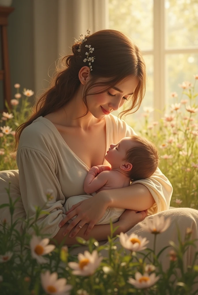｛Same person｝length, Permed bronze hair、baby、, Idyllic, Magical Scene, beautiful部屋 , (Highest quality, 4K, 8k, High resolution, masterpiece:1.2), Very detailed, (Realist, photoRealist, photo-Realist:1.37), Warm lighting, Vibrant colors, Soft Focus, fairy tale, Dreamer, comfortable, Adorable, beautiful, Whimsical, Fancy, charm, Sereno, peaceful, Innocent, Encouragement, Imaginative、A girl in a bohemian dress、Depicts a smiling woman holding a bouquet of vibrant flowers。