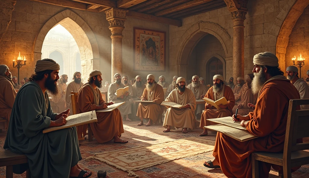 A group of scholars and students studying in a library in Mali, surrounded by books and scrolls, representing the educational renaissance during Mansa Musa's reign