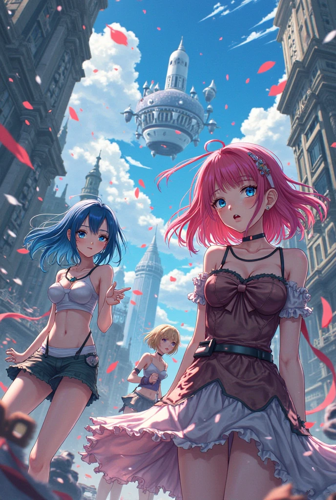 official art, masterpiece, sharp focus, (beautiful gorgeous cute Korean woman:1.3), (beautiful cute korean:1.3), korean beauty, Delicate and beautiful hair and eyes and face, realistic, ultra detailed, beautiful girl, blue sky, glow white particle, (sidelighting:1.2), sun light, white cloud, detailed clouds, slender, Lovely very large breasts and very large hips, smile with teeth, ((smile with eyes, open both eyes)), scenery, long straight hair, sexy facial expression, building, (cityscape:1.7), dynamic hair, long straight hair, detailed platinum pink hair, glow blue eyes, (blue pleated shirts + white skirt), white long socks, pale skin, hair ornament, epic scenery,