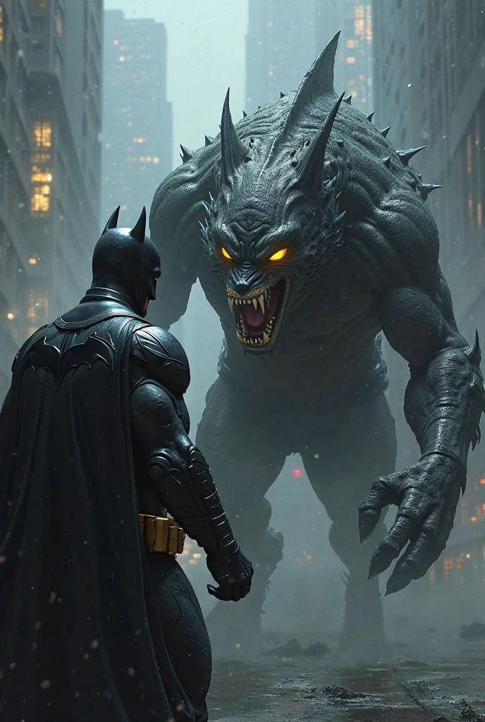 batman fighting against a gigant dinasusaur