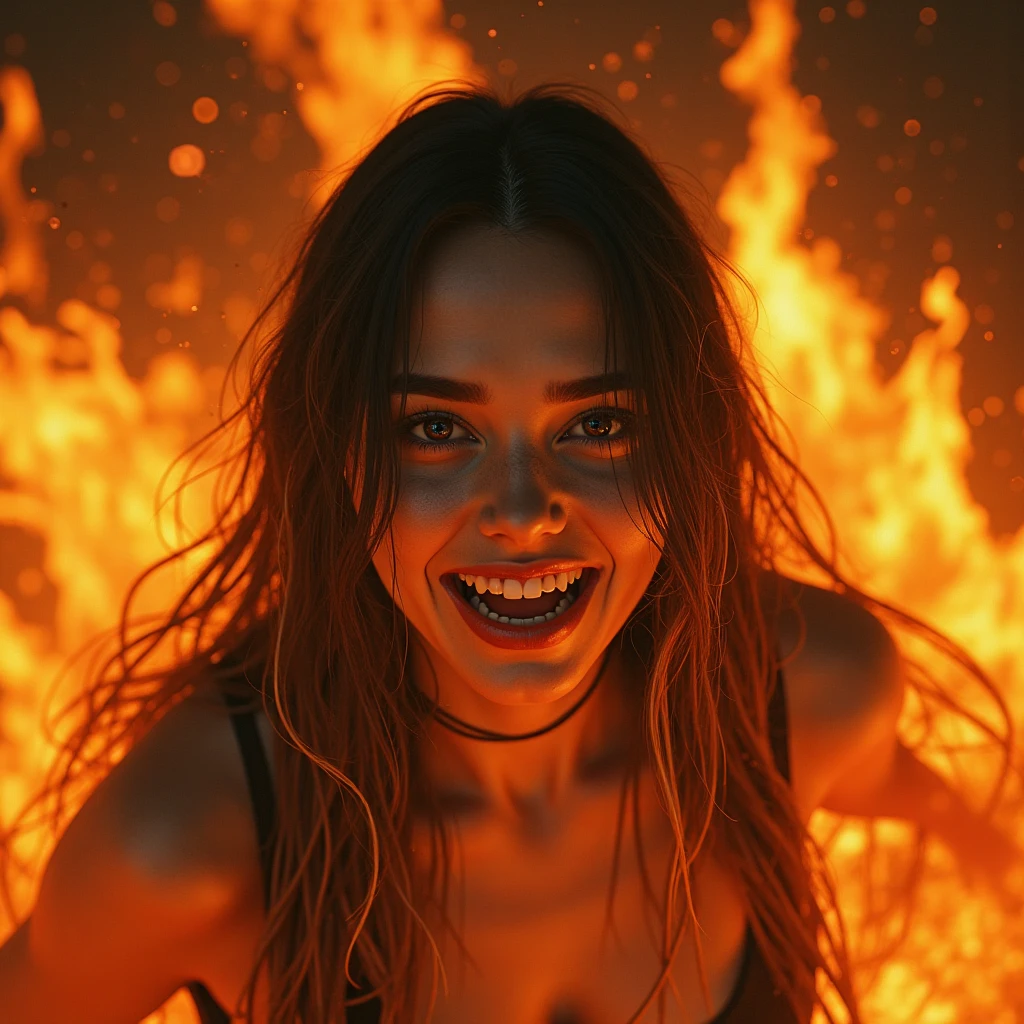 hyper-realistic closeup, Fire entirely engulfing and covering a screaming  girl, flames wrap around the girl as they flow over her and burn her, the girl is fully ablaze, the girl is screaming in pain as she burns to death, trapped inside a steel furnace filled with fire, flames overlay the girl almost entirely, her skin is blackened and charred, her body is on fire