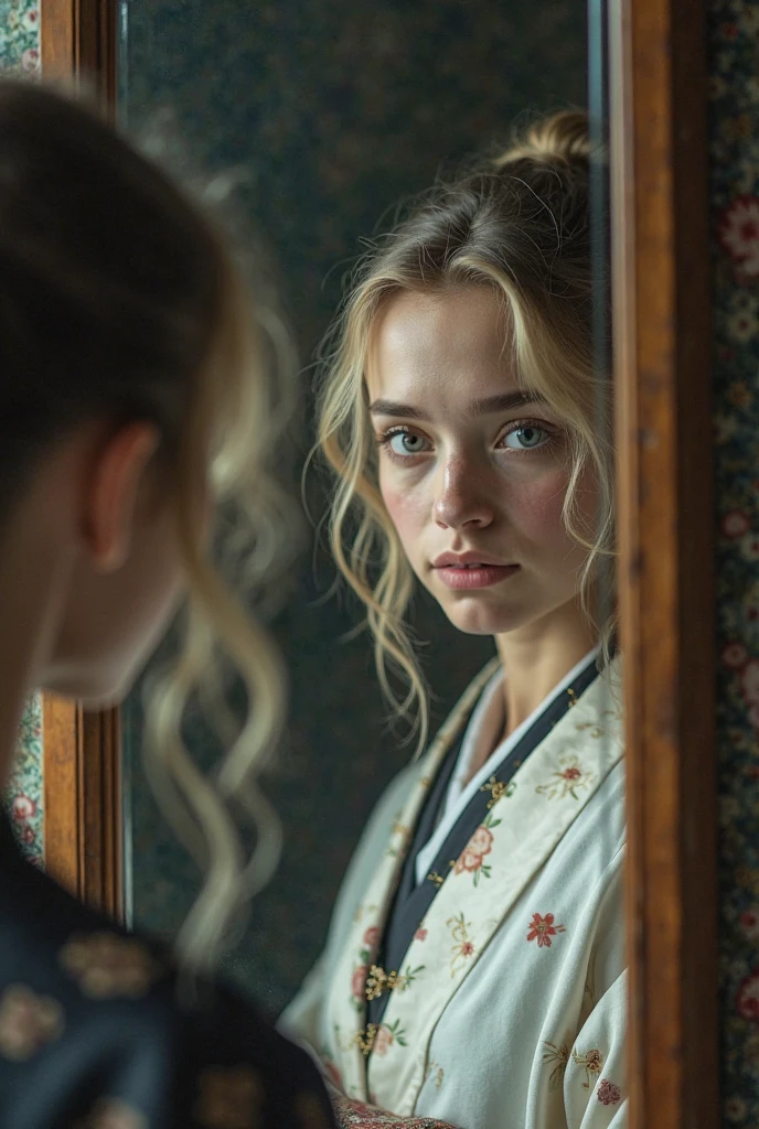 Create a of from the medieval era dress like a peasant looking at themself in the mirror, Reflecting her image in the mirror, a blonde princess wears a pink dress...