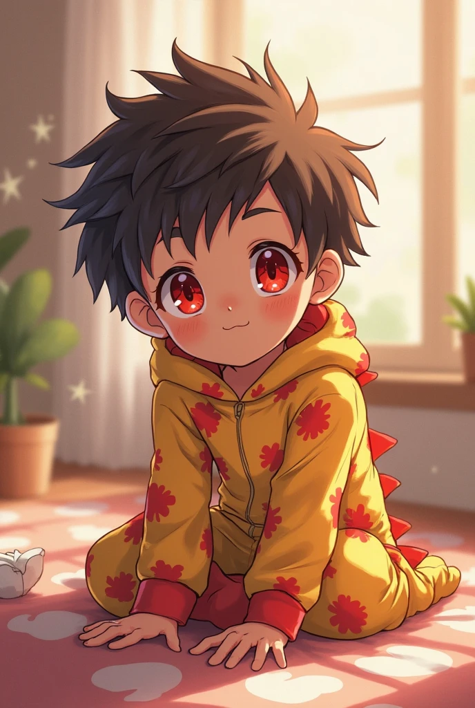 Fait moi un  de 10 ans qui porte un pyjama en forme de dragon de couleur noir avec des etoile, avec les cheveuc rouge, des yeux vert, une tetine et une couche, avec erza scarlet de fairy tail