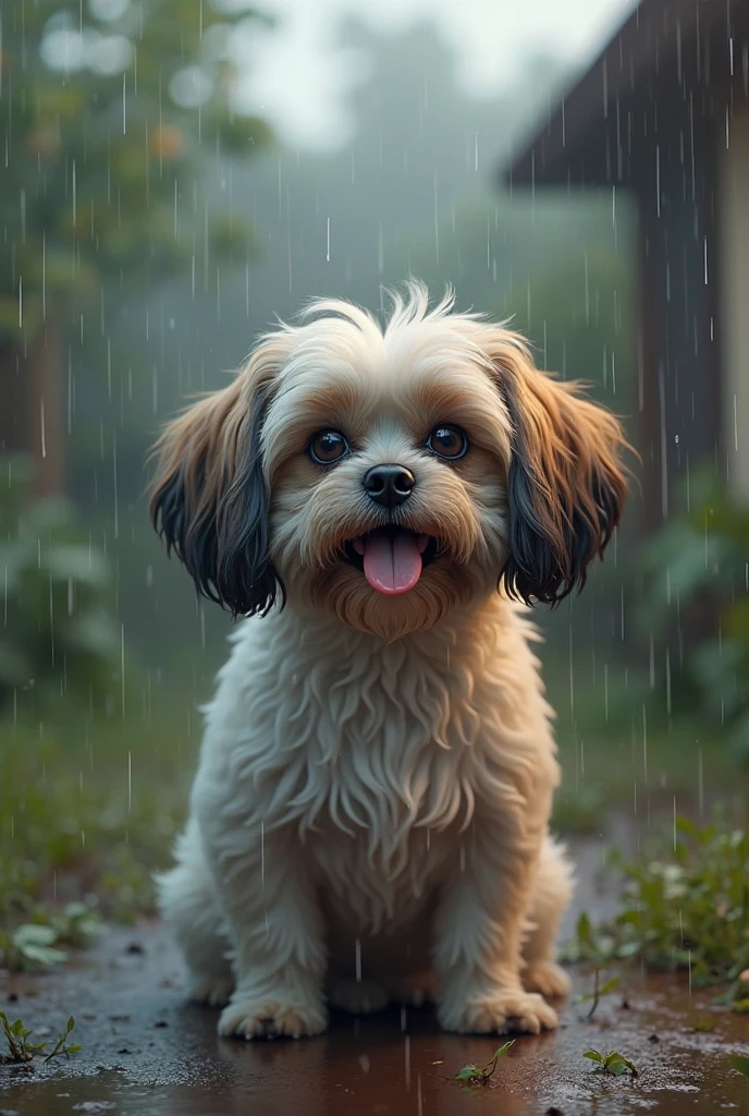 a shitzu in the rain ((Foto RAW), absurdo, (absurd resolution)), obra-prima, Best Quality, (Extremely detailed 8k unit CG wallpaper), (best illustration), (best shade), Realistic lighting, fin ears, ((21 anos)), a shitzu in the backyard of the house and it's raining on it, (((Photographic perspective of her)))