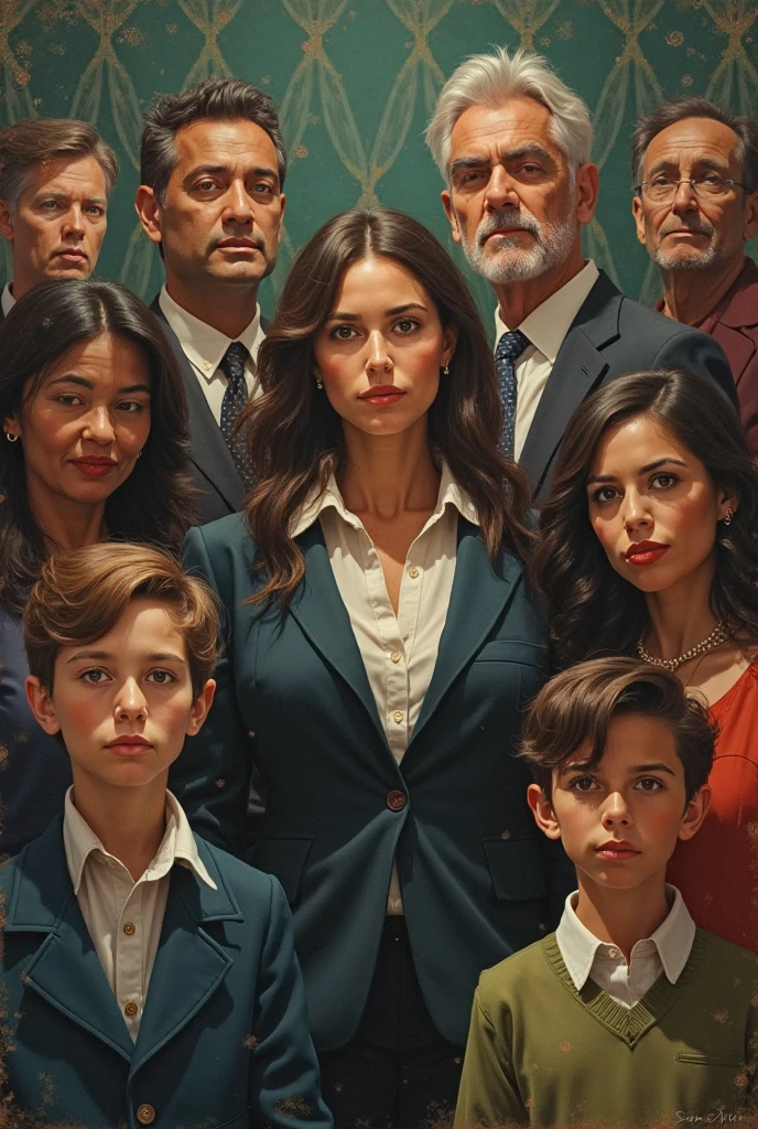 white brazilian woman, short hair, greeneyes, father behind her on the right side, mother behind her on the left side, paternal grandparents. behind the father and maternal grandparents behind the mother and ancestors behind the grandparents