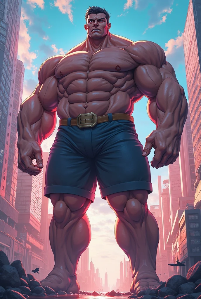 ((Anime style art)), Very muscular 1 man, bikini,Huge bulge, 40-foot-tall giant, Brown Skin, , , Future City AS . main character from the anime, bodybuilder, Beautiful image, Hard Drive, 4K, main