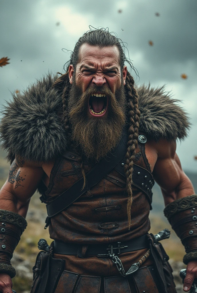 Realistic Viking warrior screaming with teeth bared with a Norse tattoo around his eye and with his eyes open 