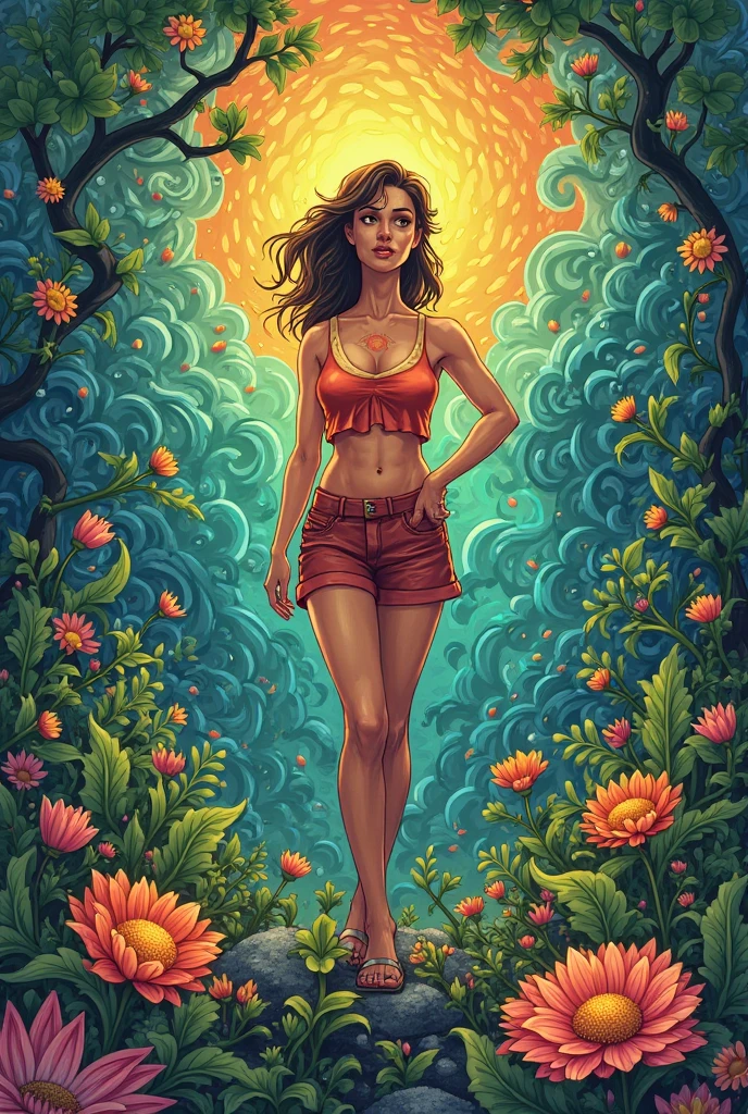 A photorealistic cute, slender aerobics instructor with very short brown hair, brown eyes, and dimples, standing confidently in a surreal natural landscape. She's wearing a flowing, elegant gown that complements her figure. The background features an impossibly vibrant meadow under a brilliant blue sky. Flowers of unearthly colors and fractal patterns bloom everywhere, their petals shifting and morphing in hypnotic ways. Giant, iridescent butterflies with kaleidoscopic wings flutter by. Trees with spiral trunks reach towards a sun that seems to pulse with rainbow colors. Clouds take on impossible geometric shapes, morphing and dissolving. The air is filled with shimmering, colorful particles that seem to respond to thought. Vibrant colors include electric blues, neon pinks, luminous greens, and radiant golds, all more vivid than seems possible. The lighting is intense and dreamlike, as if reality itself is overexposed, casting no shadows. Broad strokes of bright, contrasting colors sweep across the sky, creating mesmerizing patterns - vibrant oranges, electric purples, and pulsating teals dance and swirl overhead.