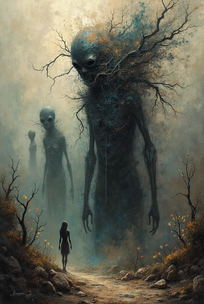 young graphite witch's mummy made of dead plants crawling out foggy Louisiana forest, radioactive atmosphere,steampunk dark horror fantasy, ominous landscapes,large number of stars fly towards the viewer,radioactive world,ruined theme,lots of toxic dust,full body length shot,once pretty face,full body length, eerie atmosphere, ethereal presence, toxic mists, supernatural entities, sinister aura, dark and twisted branches, macabre elements, eerie and ominous lighting,Complicated detail,captivating creation,intricate details,extremely detailed,masterpiece,intricate details,eyes extremely detailed, high detailed eyes,32k resolution, Nikon Z9,like Stone Forest in Yunnan Province of China,Simon Stalenhag,Nicola Samori,Wangechi Mutu, horror movie, cinematic look, creepy aesthetic, ultra detailed, photorealistic, masterpiece, In a Tim Burton,matter plants regaining territory