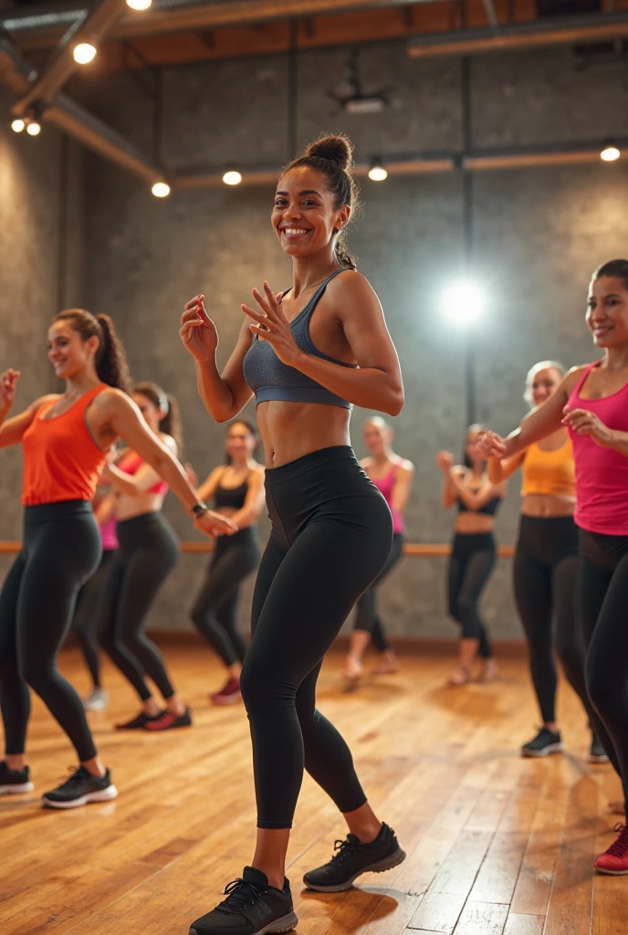 smiling women doing aerobics synchronously in gym