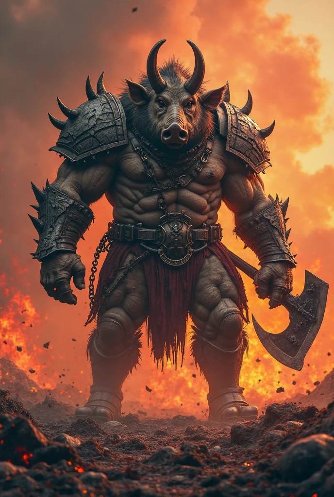 An orc warrior, ferocious, Bare fangs,Pig nose，Pig ears，Black hair ,Damaged Armor, Giant axe in hand, Battlefield Background, HD, 4K