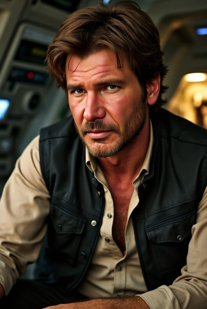 ((melhor qualidade)), ((master part)), (circunstanciado),Harrison Ford American film actor in a 1980s film Older man, muscular body, shirtless, extremely hairy, unzipped;, underwear on display, visible bulge lying on a bed, ao lado de uma ((mulher jovem)) com um corpo sexy, com uma ((beleza de anime )), acariciando os cabelos, cinemactic, foto real, 2:Aspect ratio 40, retroiluminado, Panavision, profundidade de campo