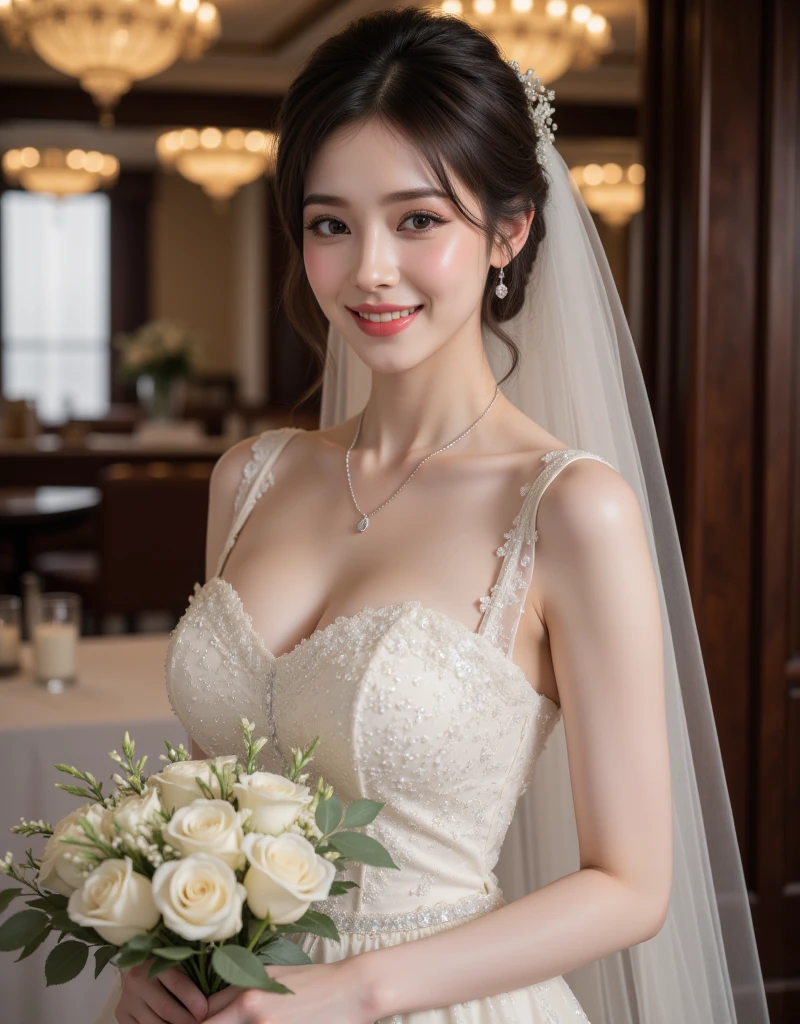 Fashion model 20 years old [[[[closeup cleavage]]]], [[[[boobgasm]]]], [[[[coll]]]], [[[[bshoulders]]]], perfect  eyes, Perfect iris，perfect lips，perfect teeth，Perfect skin，Soft front light，HDR，A couple，wedding gown，Masculine man in suit，Gentle lady wearing wedding dress，The girl has a slender face；（pastel colour：1.2）