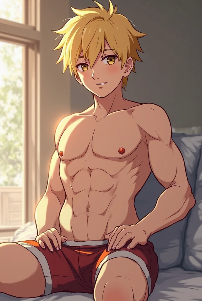 8K Wallpaper,(Ultra High Definition Face), Perfect Anatomy, musculature, (Bulge), Black((Men's Competitive Swimwear)), ((Shiny body)), (Super masterpiece), Sunshine, in poolside, hight resolution, (Ultra high definition), 1boy, ((shiny)) Swimwear, Anime coloring, (toppless),genshirou_saji,blonde hair,blue eyes,From above、Laugh