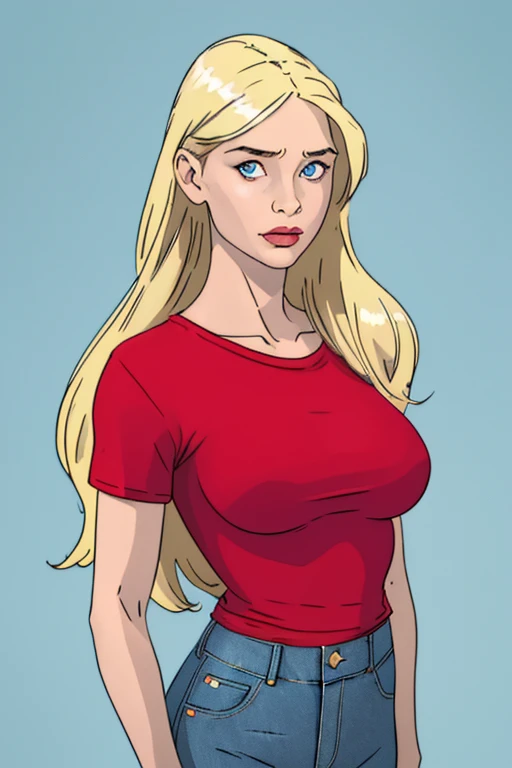 Thin woman, 4K (High definition), thoughtful, teacher in a red dress (of buttons) with a V-neck and short sleeves, black belt, pele caucasiana, shoulder length blonde hair, sitting, eyes browns, busty with freckles and little drops of sweat running down her forehead and her chest. comic style, white background.