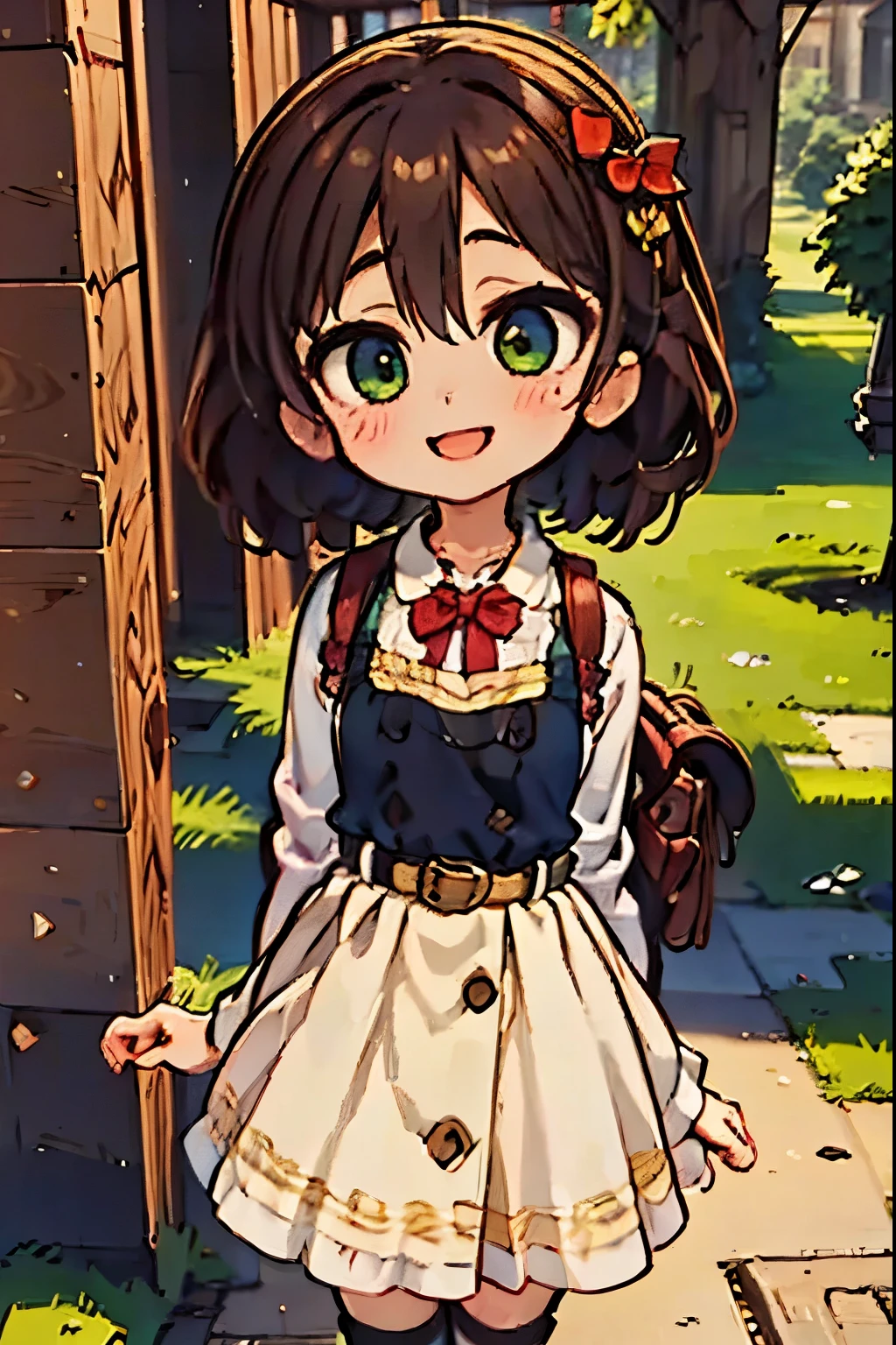 (masterpiece),best quality,amazing quality,very aesthetic,absurdres,newest,perfect body,shiny skin,perfect eyes,detail1eye,well-defined fingers,well-defined fingernails,anime style,indoors,1girl,solo,upper body,(portrait:1.5),looking at viewer,facing viewer,smile,blush,chibi,aged down,child,Shigure Ui chibi,short hair,light brown hair,twintails,pom pom hair ornament,hair intakes,green eyes,school uniform,bangs,red bow,collared shirt,white shirt,long sleeves,randoseru,red backpack,belt,black dress,sleeveless dress,pleated dress,pinafore dress,flat chest,kneehighs,white socks,black footwear,uwabaki

