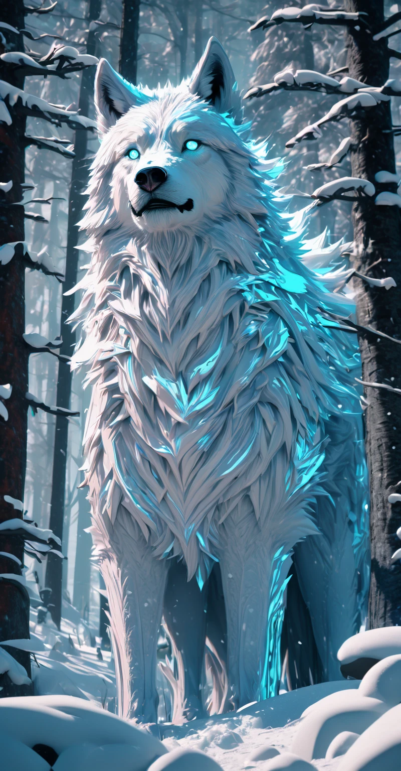 giant white wolves, glowing eyes trees, look expressive, neve, snow-covered forest of giant trees, luz do dia, Snow in the Wind, 8k, detalhado, girl, physics-based rendering, studio lighting, cores vibrantes, cold color palette, shades of blue and white