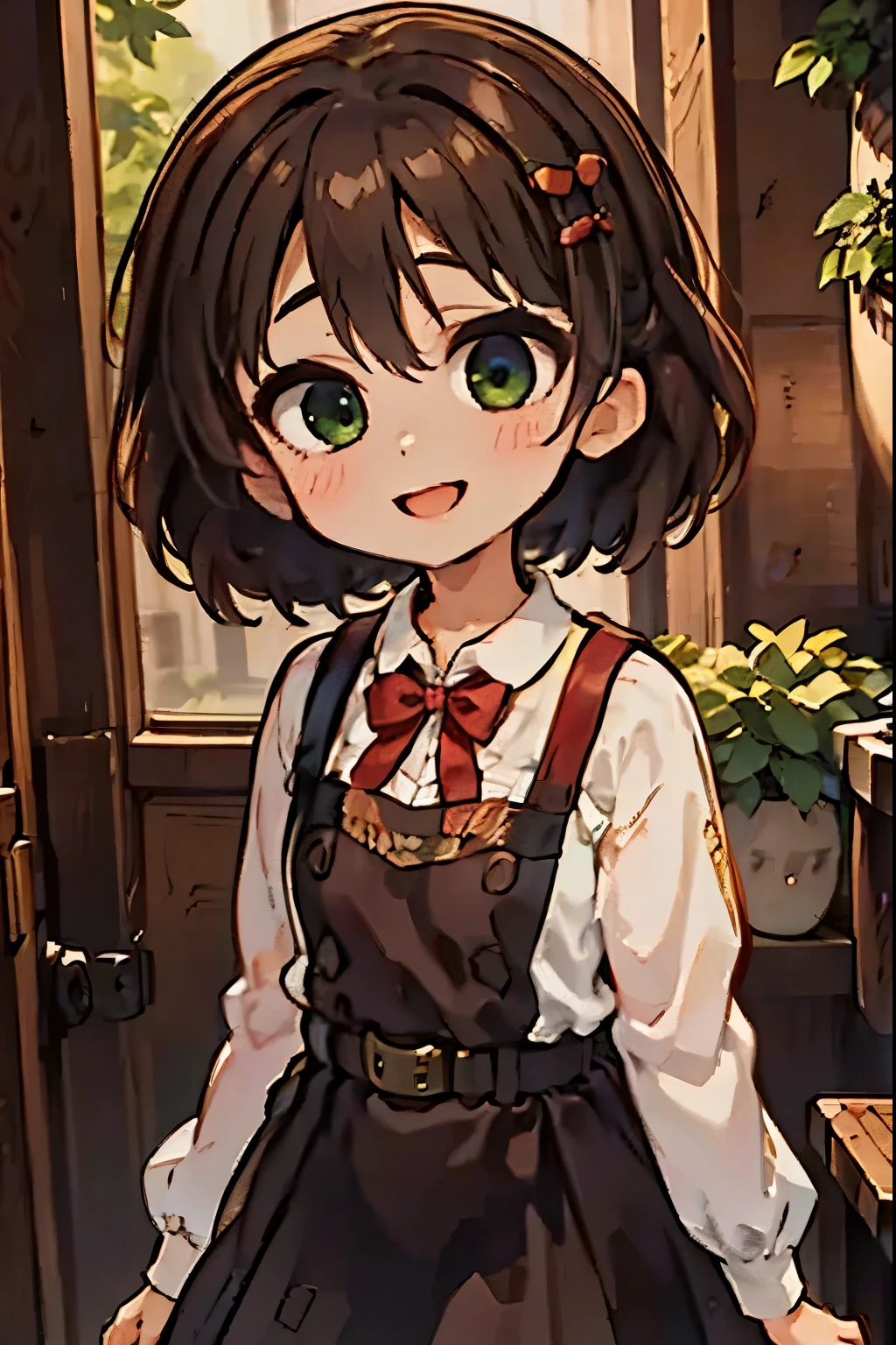(masterpiece),best quality,amazing quality,very aesthetic,absurdres,newest,perfect body,shiny skin,perfect eyes,detail1eye,well-defined fingers,well-defined fingernails,anime style,indoors,1girl,solo,upper body,(portrait:1.5),looking at viewer,facing viewer,smile,blush,chibi,aged down,child,Shigure Ui chibi,short hair,light brown hair,twintails,pom pom hair ornament,hair intakes,green eyes,school uniform,bangs,red bow,collared shirt,white shirt,long sleeves,randoseru,red backpack,belt,black dress,sleeveless dress,pleated dress,pinafore dress,flat chest,kneehighs,white socks,black footwear,uwabaki