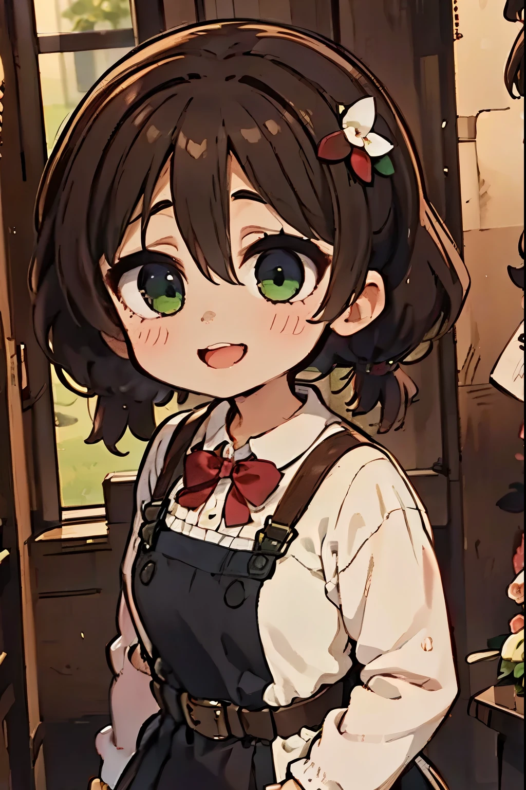 (masterpiece),best quality,amazing quality,very aesthetic,absurdres,newest,perfect body,shiny skin,perfect eyes,detail1eye,well-defined fingers,well-defined fingernails,anime style,indoors,1girl,solo,upper body,(portrait:1.5),looking at viewer,facing viewer,smile,blush,chibi,aged down,child,Shigure Ui chibi,short hair,light brown hair,twintails,pom pom hair ornament,hair intakes,green eyes,school uniform,bangs,red bow,collared shirt,white shirt,long sleeves,randoseru,red backpack,belt,black dress,sleeveless dress,pleated dress,pinafore dress,flat chest,kneehighs,white socks,black footwear,uwabaki