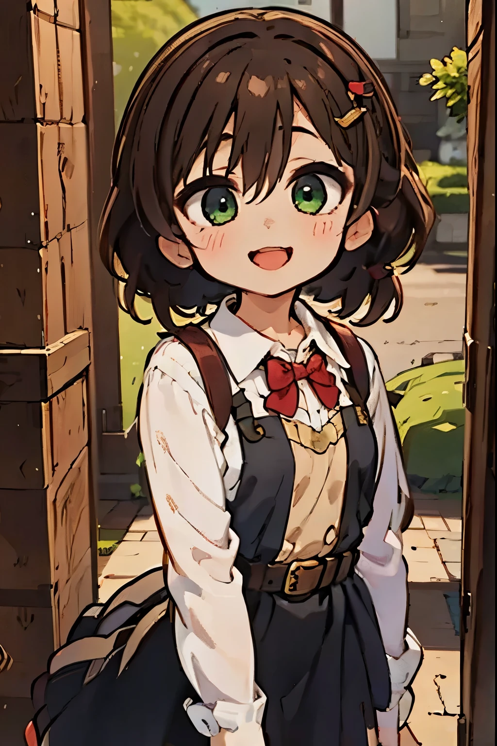 (masterpiece),best quality,amazing quality,very aesthetic,absurdres,newest,perfect body,shiny skin,perfect eyes,detail1eye,well-defined fingers,well-defined fingernails,anime style,indoors,1girl,solo,upper body,(portrait:1.5),looking at viewer,facing viewer,smile,blush,chibi,aged down,child,Shigure Ui chibi,short hair,light brown hair,twintails,pom pom hair ornament,hair intakes,green eyes,school uniform,bangs,red bow,collared shirt,white shirt,long sleeves,randoseru,red backpack,belt,black dress,sleeveless dress,pleated dress,pinafore dress,flat chest,kneehighs,white socks,black footwear,uwabaki