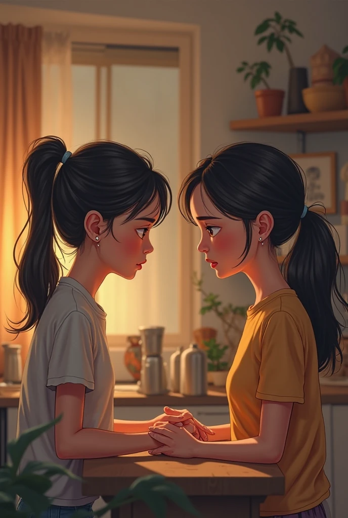 Girl kissing her mother&#39;s forehead in the kitchen 
