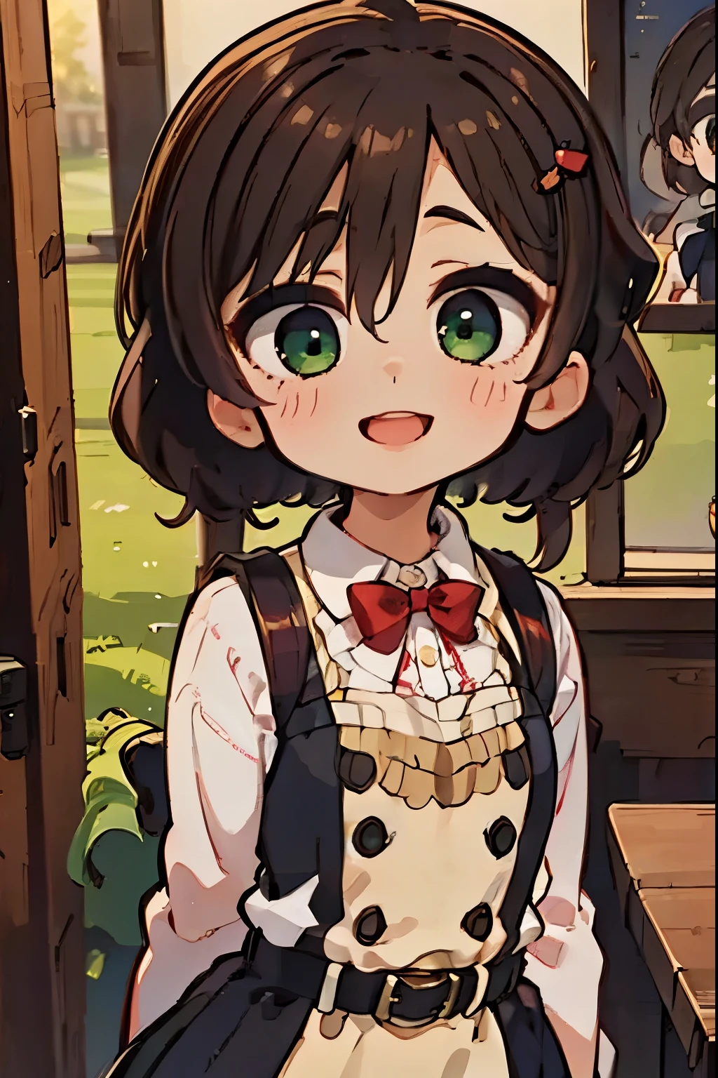 (masterpiece),best quality,amazing quality,very aesthetic,absurdres,newest,perfect body,shiny skin,perfect eyes,detail1eye,well-defined fingers,well-defined fingernails,anime style,indoors,1girl,solo,upper body,(portrait:1.5),looking at viewer,facing viewer,smile,blush,chibi,aged down,child,Shigure Ui chibi,short hair,light brown hair,twintails,pom pom hair ornament,hair intakes,green eyes,school uniform,bangs,red bow,collared shirt,white shirt,long sleeves,randoseru,red backpack,belt,black dress,sleeveless dress,pleated dress,pinafore dress,flat chest,kneehighs,white socks,black footwear,uwabaki