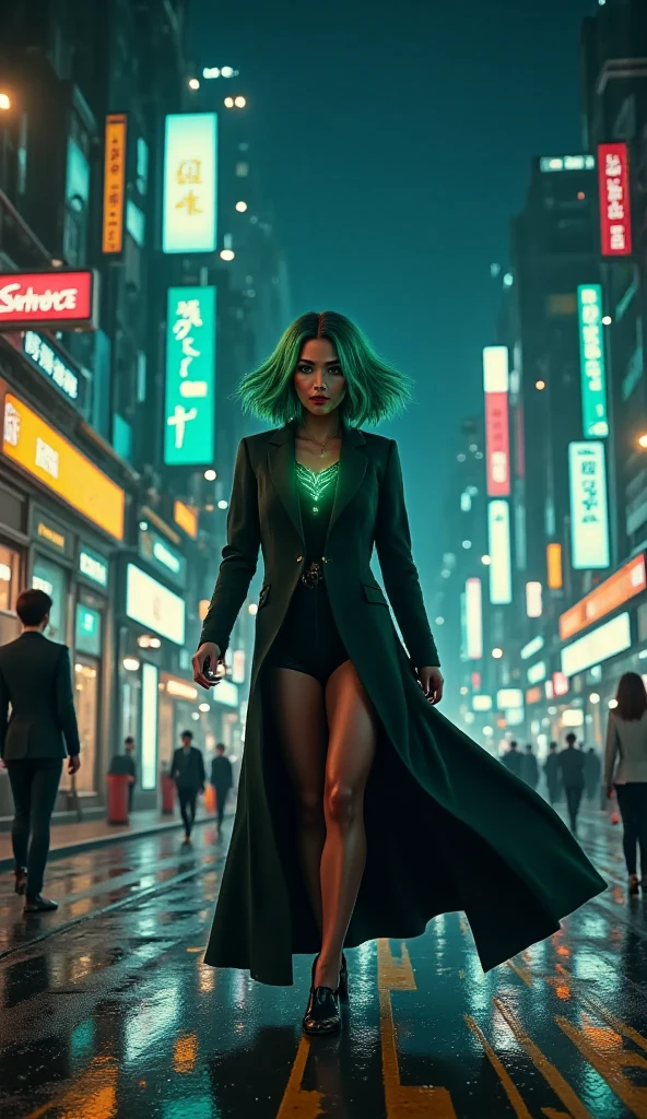 a woman in a green dress standing in the rain, (transparent green raincoat:1.2), dancing in the rain among the crowd, (best dance:1.1), eye contact, (dynamic pose:1.2), (naked waist:1.3), green chest top, neon green pants, long green hair blowing in the wind, wet hair, hands raised up, night city lights, (art by Charlie Bowater:1.2), cgsociety, fantasy art, anime aesthetic