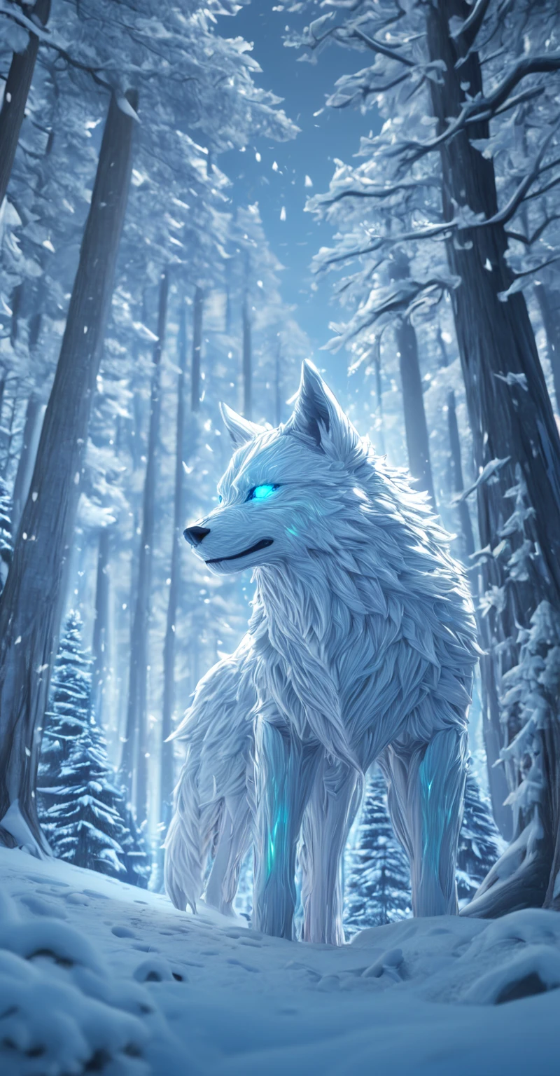 giant white wolves, glowing eyes trees, look expressive, neve, snow-covered forest of giant trees, luz do dia, Snow in the Wind, 8k, detalhado, girl, physics-based rendering, studio lighting, cores vibrantes, cold color palette, shades of blue and white