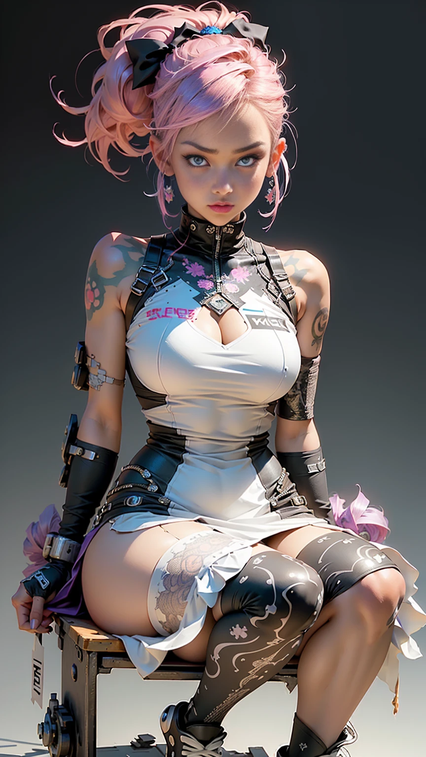 masterpiece, 1 beautiful girl, Detailed eye, Swollen eyes, top-quality, 超A high resolution, (reality: 1.4), 电影灯光, very extremely beautiful, Beautiful skins, A slender, Forward-facing body, (A hyper-realistic), (hight resolution), (8K), (ighly detailed), ( Best Illustration), (beautifully detailed eyes), (ultra-detailliert), 详细的脸, Bright lighting, Professional Lighting、the most beautiful and sexy cyberpunk girl, pink hair, blue eyes, dark african skin, wearing incredibly detailed futuristic cyberpunk battle armor, huge enormous gigantic nude tits and nipples exposed, tons of tattoos and piercings, in hyper futuristic city metropolis, cherry blossoms blowing in the wind, cinematic, incredibly perfect masterpiece, high quality, high resolution