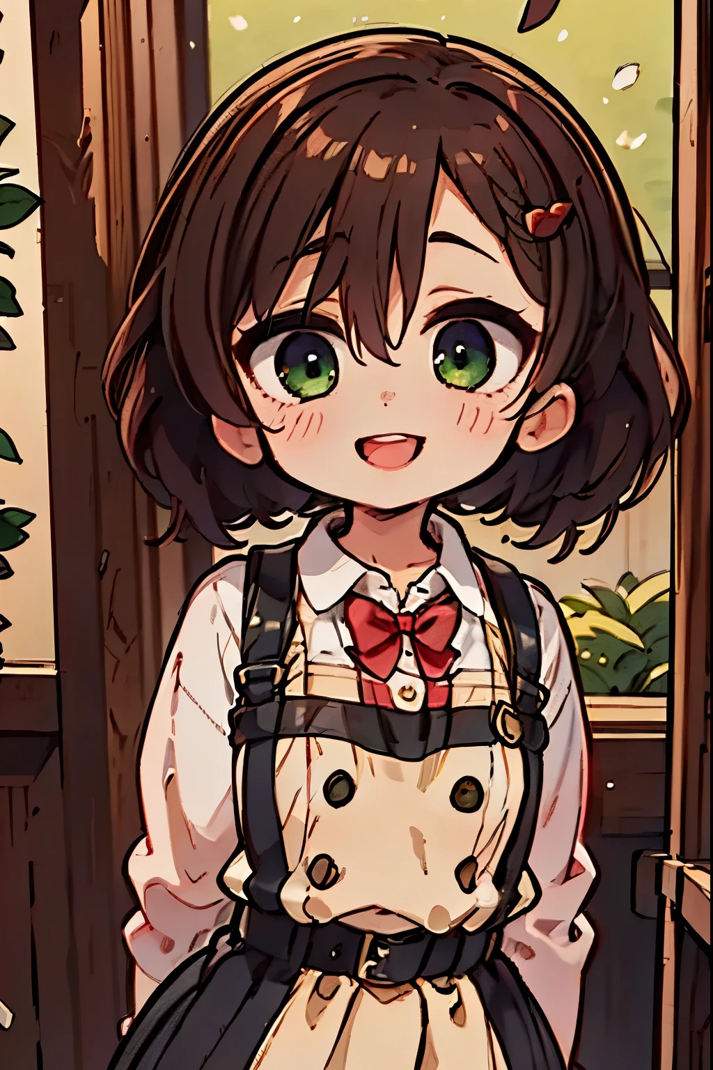 (masterpiece),best quality,amazing quality,very aesthetic,absurdres,newest,perfect body,shiny skin,perfect eyes,detail1eye,well-defined fingers,well-defined fingernails,anime style,indoors,1girl,solo,upper body,(portrait:1.5),looking at viewer,facing viewer,smile,blush,chibi,aged down,child,Shigure Ui chibi,short hair,light brown hair,twintails,pom pom hair ornament,hair intakes,green eyes,school uniform,bangs,red bow,collared shirt,white shirt,long sleeves,randoseru,red backpack,belt,black dress,sleeveless dress,pleated dress,pinafore dress,flat chest,kneehighs,white socks,black footwear,uwabaki