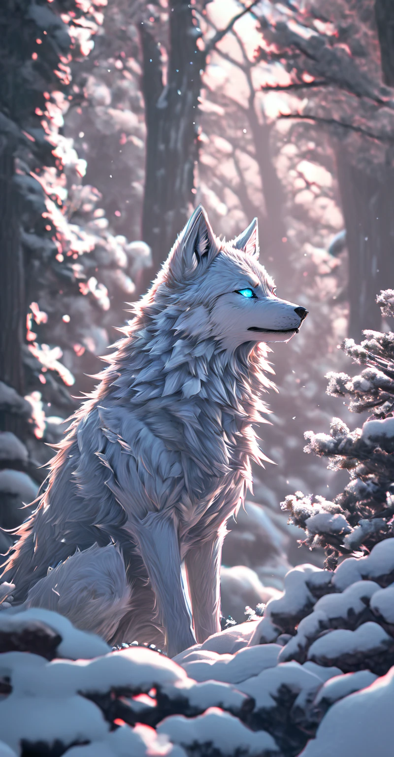 giant white wolves, glowing eyes trees, look expressive, neve, snow-covered forest of giant trees, luz do dia, Snow in the Wind, 8k, detalhado, girl, physics-based rendering, studio lighting, cores vibrantes, cold color palette, shades of blue and white