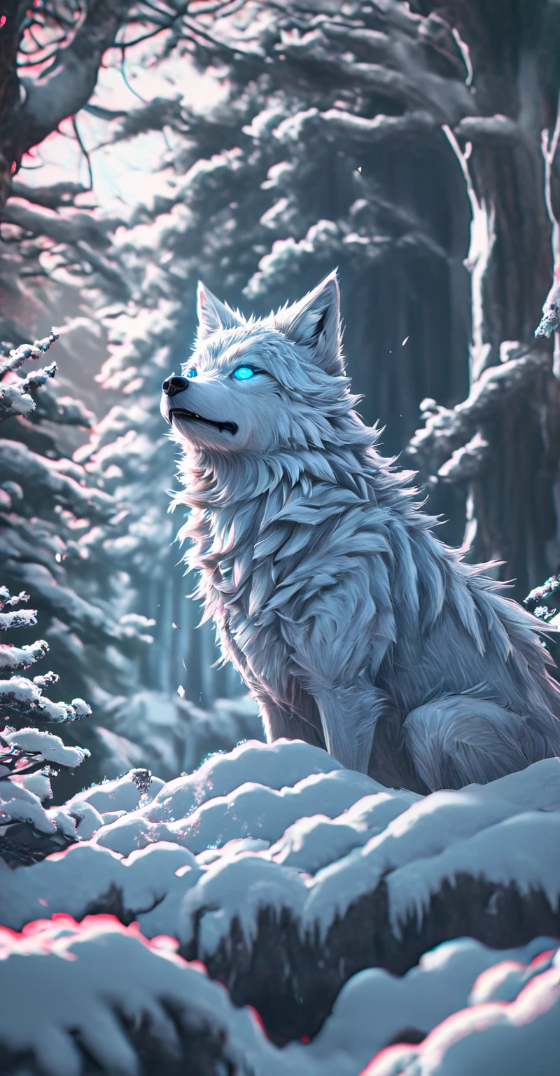 giant white wolves, glowing eyes trees, look expressive, neve, snow-covered forest of giant trees, luz do dia, Snow in the Wind, 8k, detalhado, girl, physics-based rendering, studio lighting, cores vibrantes, cold color palette, shades of blue and white