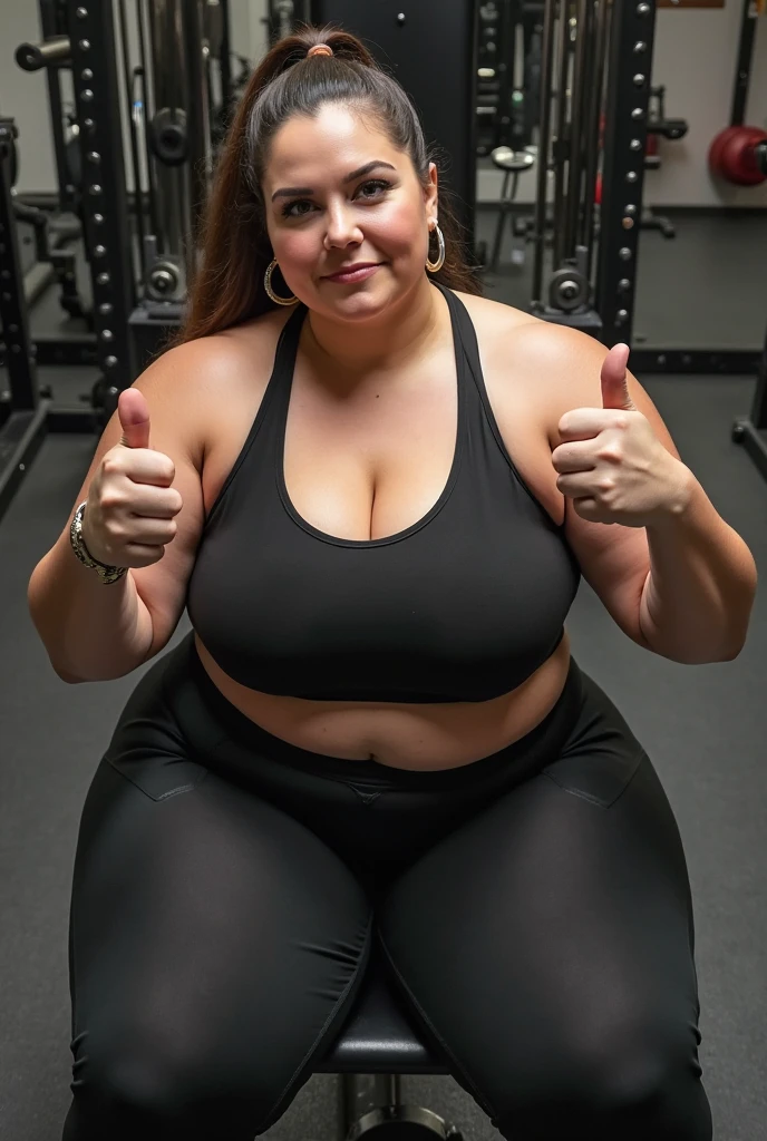 Jovem mulher com seios enormes collosais, Wearing a low-cut gym top and leggings, ebony skin, corpo fitness, bela garota,  Slim body, cabelo grande, Mulher muito alta, cabelo ondulado natural, deitada com as pernas abertas pro viewer,