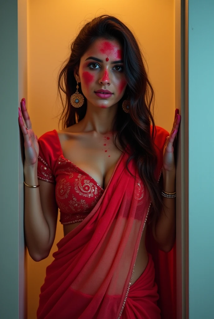 Aesthetic girl blindfolded duct tape gagged in red sparkling shimmering saree taking selfie tape gagged
