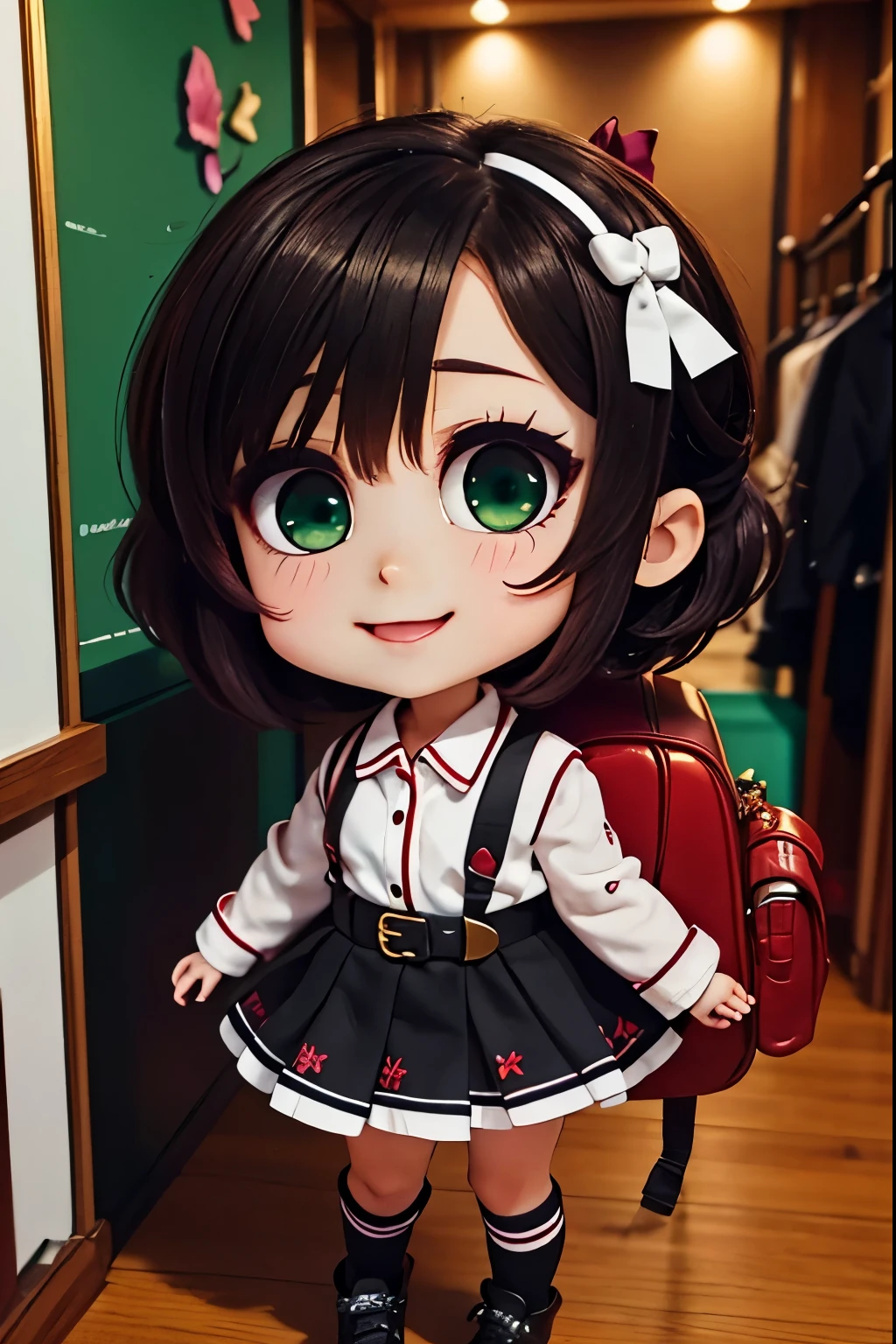 (masterpiece),best quality,amazing quality,very aesthetic,absurdres,newest,perfect body,shiny skin,perfect eyes,detail1eye,well-defined fingers,well-defined fingernails,anime style,indoors,1girl,solo,upper body,(portrait:1.5),looking at viewer,facing viewer,smile,blush,chibi,aged down,child,Shigure Ui chibi,short hair,light brown hair,twintails,pom pom hair ornament,hair intakes,green eyes,school uniform,bangs,red bow,collared shirt,white shirt,long sleeves,randoseru,red backpack,belt,black dress,sleeveless dress,pleated dress,pinafore dress,flat chest,kneehighs,white socks,black footwear,uwabaki