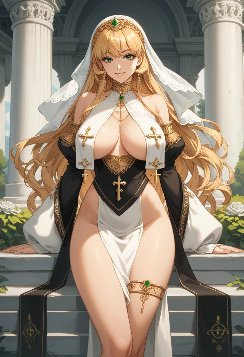 female, white long hair, red eyes, dark skin, (((1girl))), (((white nighty))), (white lace panties), (gold slippers), cute and sexy, full body, large breasts, long legs, smiling