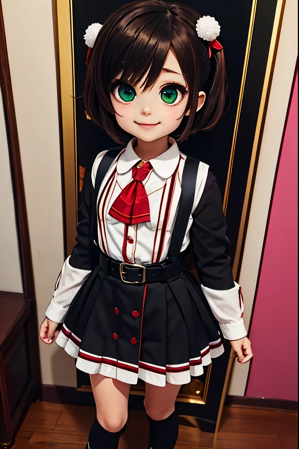 (masterpiece),best quality,amazing quality,very aesthetic,absurdres,newest,perfect body,shiny skin,perfect eyes,detail1eye,well-defined fingers,well-defined fingernails,anime style,indoors,1girl,solo,upper body,(portrait:1.5),looking at viewer,facing viewer,smile,blush,chibi,aged down,child,Shigure Ui chibi,short hair,light brown hair,twintails,pom pom hair ornament,hair intakes,green eyes,school uniform,bangs,red bow,collared shirt,white shirt,long sleeves,randoseru,red backpack,belt,black dress,sleeveless dress,pleated dress,pinafore dress,flat chest,kneehighs,white socks,black footwear,uwabaki