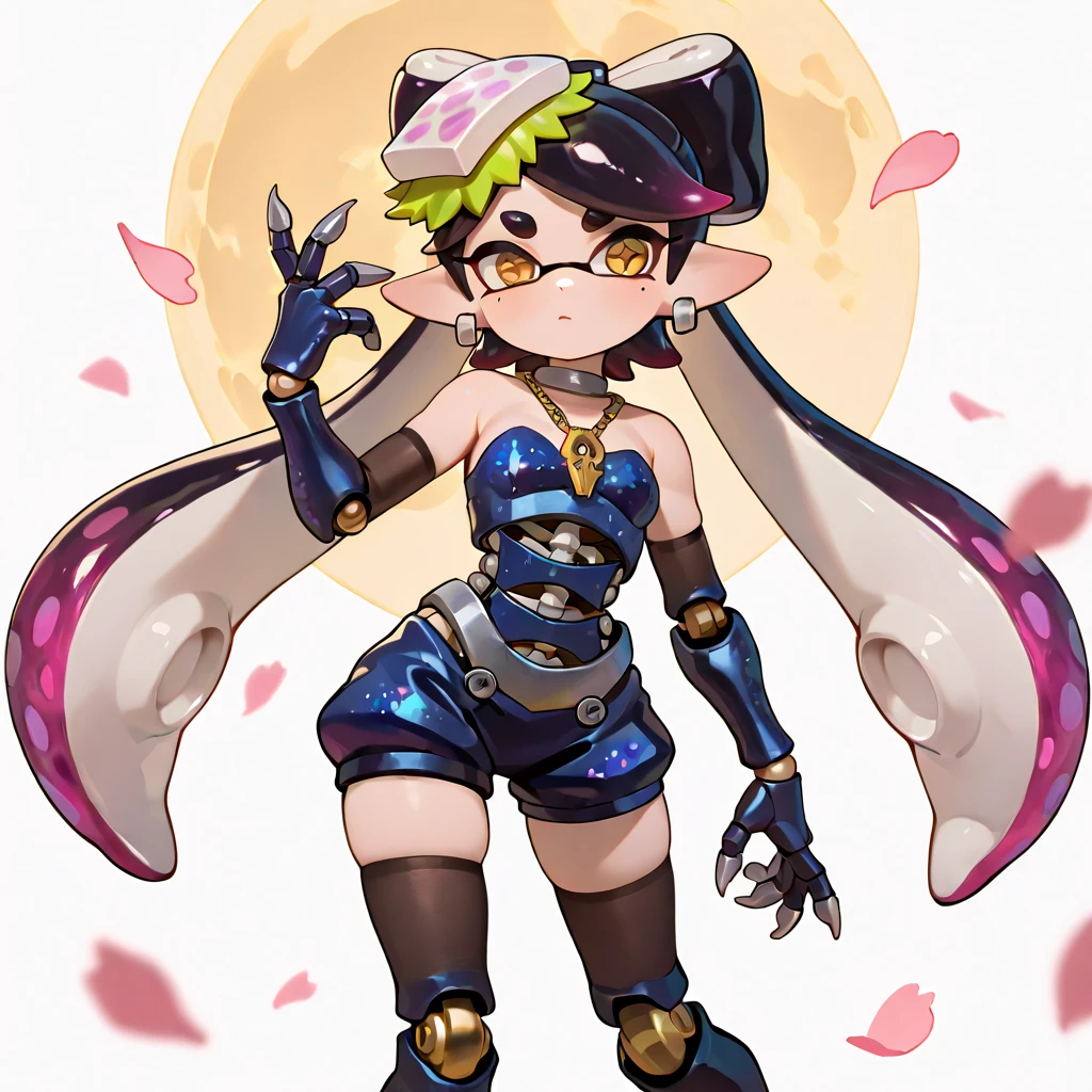 ,flat chested, flat stomach, tiny body, small stature, high quality image of an anime-style girl, the girl has a very thin body, the girl has short legs, the girl smiles provocatively, the girl has white skin, the girl has very small breasts, The girl is slightly blushing, the girl has little ears, the girl has purple hair, the girl has short hair, the girl is posing sexy, the girl is wearing a red leotard, the leotard does not cover her the girl arms or legs, the girl's eyes are bright red, The girl is smiling, the girl has full of spikes on her back, the girl has very marked black eyeliner, the girl's expression is provocative, The background of the image is a garden at night with luminous mushrooms,