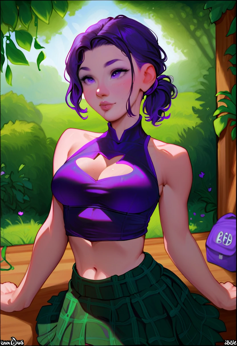 Abigail; Stardew Valley; blue eyes; long purple hair; purple pubic hair; large breasts; beautiful; girl-next-door look; soft features; best quality; trending on artstation; dark room with complex volumetric lighting; strong shadows; artistic lighting; dynamic; energetic vibe; realistic skin; specular highlights; micro-textures; highly detailed hair; romantic; love; sitting under a tree in a graveyard with a sword next to her; wearing an open blue shirt, black singlet, and blue-plaid skirt.