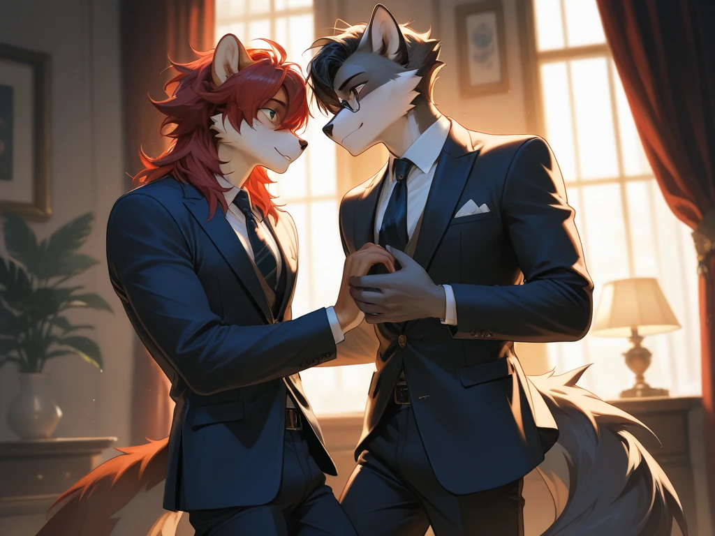 cover page, highres, top quality, best quality, paid reward available, unparalleled masterpiece, perfect artwork, absurdres, High-quality illustrations, super high resolution, detailed background, perfect anatomy(handsome 2boy, kemono, suits, furry anthro, Furry body, dog facial features, dog body features)standing, dancing, hugs, smile, happy, cinematic lighting,