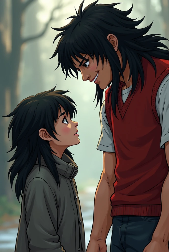 A pretty black long-haired, teal blue-eyed male laying his head on another boy's lap.