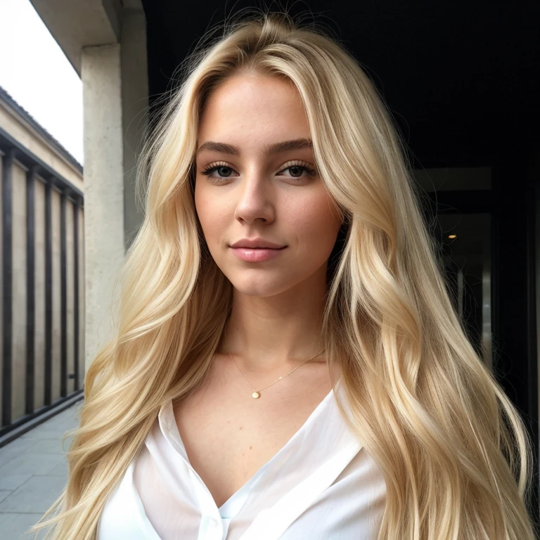 A 23 year old blonde woman, ((breasts big)), ((Hyper-Realism)) ,. blonde hair with light blonde roots. hair blonde, Hair with blonde roots , extra long hair, pretty long hair,  comely, from front view, Selfie, Photo taken with iPhone, elegant black shirt with neckline, low cut, Selfie no jardim, high qualiy, Selfie iPhone, neckleace, Full-body image