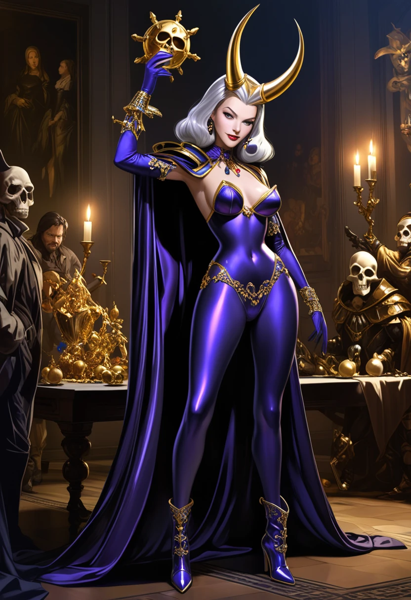 Generates the image of a blonde supervillain woman with an athletic body sitting on a throne with a winning pose. She wears a purple and blue superheroine suit and carries a large silver spear in her hand..

There is a large amount of money and jewelry on the floor.