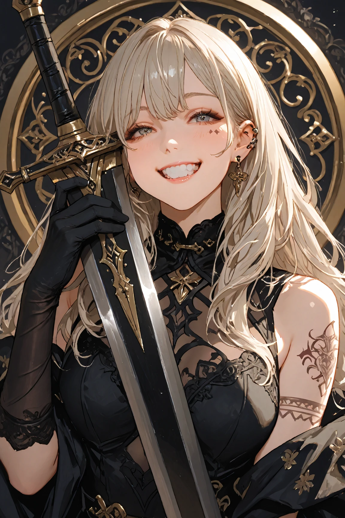 （（tmasterpiece：1.4, Best quality at best））+, （hyper-detailing）+, （Close her eyes：1.5）+, （White Dragon Horn：1.5）, （cute girls）, （black long sword：1.5）, Extra-long hair, Braided edges on both sides, （wariza：1.2）, pale-skinned, （white cloth：1.5）, （black sash,，black long pants：1.4）, dense fog, metal chains，red flower,show on，（sweetheart：1.1）, （dawn light：1.2）, ）, （Close-up cleavage：1.1）, (elevation perspective:1.3), fingersmile, light blush, forehead jewel, Colored inner hair, Striped hair, light-blonde hair, god light，The halo，