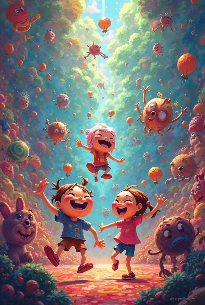 A fantastic smile factory full of cheerful children in colorful clothes playing running, de bola, bubble soap, de bonecas, The floor is glitter that glittering like sun, criando um ambiente alegre simples, captured through a detailed children's book illustration, --auto --s2